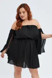 Black Mini Dress Off Shoulder Elastic Waist
