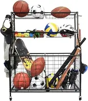 All-in-one Ball Storage Rack Metal Garage Sports Equipment Storage Organizer Basketball Holder Cart 91x42x116.5cm w/Wheels Hooks,Indoor Outdoor