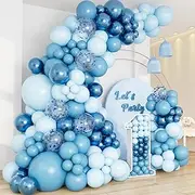 [DBKL] 138pcs Blue Balloon Garland Arch Kit with Different Size Metallic Macaron Blue Confetti Balloons for Baby Shower Boys Birthday Wedding Graduation Ocean Themed Party Background Decorations