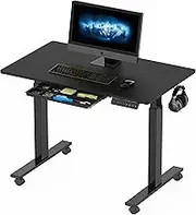 SHW 100 x 60 cm Electric Height Adjustable Mobile Sit Stand Desk with Drawer, Hanging Hooks and Cable Management, Black