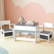 Keezi 3pcs Kids Table and Chairs, Children Study Set Drawing Eating Painting Learning Activity Play Centre Furniture Setting 2 Chair, Storage Desktop Grey