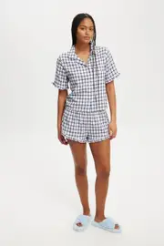 [Body] Body - Flannel Short Sleeve Shirt And Short Sleep Set - Robbin check/blue 2XS ROBBIN CHECK/BLUE