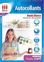 Micro Application - Self-Adhesive Paper - White Background - 4 Sheets of A4-96 Stickers - 4 cm Diameter - Easy to Print - Suitable for Inkjet Printers