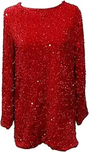[Generic] Plussize Sparkly Tops | Sequin Dress - Long Sleeve Round Neck Sexy Backless Glitter Slit Dress