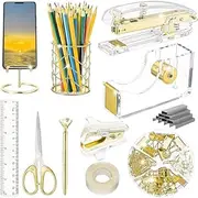 Gold Desk Accessories, Cute Office Supplies and Accessories Set, Acrylic Stapler Set, Staple Remover, Phone Holder, Pen Holder, Scissor, Ruler, Transparent Tape,2 Ballpoint Pen (Gold)