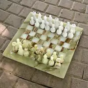 Handcrafted Green Onyx and White Marble Chessboard Set Game 15"X15" For Adults