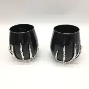 x2 Halloween Skeleton Hand Black Stemless Wine Glass Set Silver Metal Gothic NEW