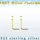 2pcs. 22G 1mm Flat Top 18K Gold Plated .925 Sterling Silver L-Shaped Nose Stud