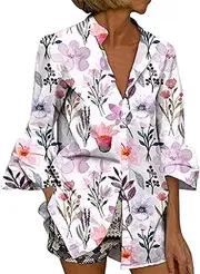 [Generic] Active Wear T Shirts for Women Women Dressy Casual Seventh Sleeve Shirts Blouses Folding Cuff V Neck Boho Tops Compression Short Sleeve Shirts for Women