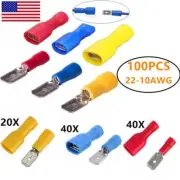100Pcs Assortment Fully Female Male Spade Terminals Crimp Connectors 22-10 AWG