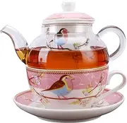 [fanquare] Pink Robin Birds and Flowers Tea for One Set, Ceramic Tea Cup and Saucer Set with Glass Teapot, Pink