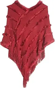 [Pocadri] Women's Knitted Plush Shawl Wrap Fashion V-neck Pullover Blanket Dresses Tassels Winter Warm Poncho Fringed Sweater Tops