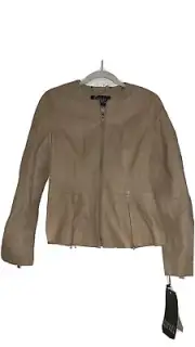 NWT Badgley Mischka 100% Leather Tan Biker Jacket size XS Zip Up Light Brown