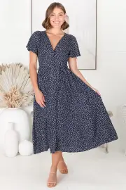 Anais Midi Dress - Cap Flutter Sleeve Button Down A Line Dress in Bell Print