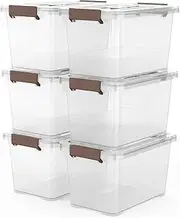 [WYT] 6-Pack Clear 7 Quart Storage Latch Box/Bins, Plastic Stackable Latching Box with Brown Handle and Lid, Multi-Purpose, 7 Litre