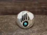 Native American Sterling Silver Turquoise Bear Paw Ring by Spencer - Size 10