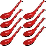 8 Packs Rice Spoons, Chinese Won Ton Soup Spoon, findTop Asian Plain Style Soup Spoons- Red and Black