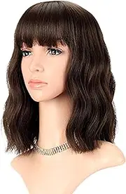FAELBATY Short Brown Wigs With Bangs Shoulder Length Wig For Women Curly Wavy Synthetic Cosplay Wig for Girl Costume Wigs (12" Natural Black Dark Brown Mix Color)