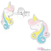 925 Kids Crystal Earrings Unicorn Pony Enamel Sterling Silver Stud Childrens