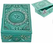 TURQUOISE OHM RELAXATION MYTHOLOGY BOX WITH LID 13 x 10CM POLY RESIN