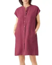 Eileen Fisher Linen Mandarin Collar Organic Linen Delave Dress Berry Pink Sz XL