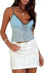 [Argeousgor] Women Y2k Lace Camisole Crop Tops Sexy Spaghetti Strap See Through Cami Sheer Mesh Going Out Tank Top
