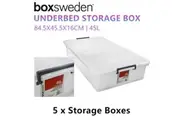 5 x Under Bed 45L Large Storage Box Plastic Containers Bin Tub Wheel Heavy Duty