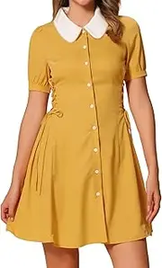 [Allegra K] Women's Vintage Peter Pan Collar Lace Up Button Down A Line Dress
