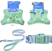 Dog Step-in Harness, Dog Collar & Leash Set. Soft Blue & Green Breathable Mesh M