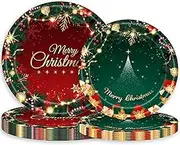 32Pcs Christmas Paper Plates Disposable Tableware Set,Christmas Tree Bell Dinnerware Plates Merry Christmas Print Dessert Plate for Christmas Table Supplies