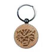 Angry and Fierce Hissing Cat Engraved Wood Round Keychain Tag Charm