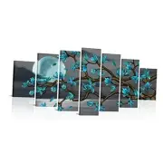 XLarge 7 Piece Teal Full Moon Lanscape Wall Art Teal Tree Painting Canvas Art