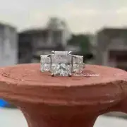 4 CTW Emerald Moissanite 3 Stone Pave Set Engagement Ring For Her 14K White Gold