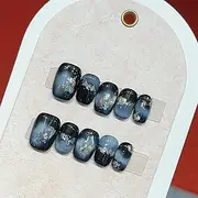 10-Pack Blue Hand Pressed Nails Full Cover Design Short Ballerina Fake Nails Wearable