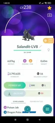 Pokemon Salandit Female LV8 Under 500CP (PVP Cup) - TRA'DE GO -Description
