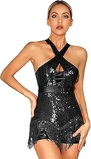 [Loodgao] Womens Sequins Tassel Latin Dance Leotard Cha-Cha Jazz Tango Samba Rumba Dance Dress