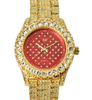 Iced Luxury Red Dial Bling Gold Plated Alloy Bling Out Cubic Zirconia Mens Watch