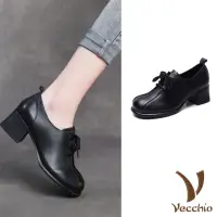 在飛比找momo購物網優惠-【Vecchio】真皮跟鞋 粗跟跟鞋/全真皮頭層牛皮手工復古