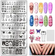 UNICRAFTALE 6Pcs Nail Stamping Plates Set Butterfly Flower Tiny Bear Design Nail Art Stamper Templates Stainless Steel Nails Stencil Kit with Stamp and Spacer for Home Salon Manicure Design Supplies