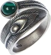 [TYMONT] Ladies Vintage Peacock Feather Open Ring,S925 Silver Feather Malachite Ring