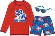 [addie & tate] Boys Swim Set with Long Sleeve Rash Gurd, Swim Shorts, Sunglasses (Red & Blue Palm Tree, Sizes 3T - 8 Years)