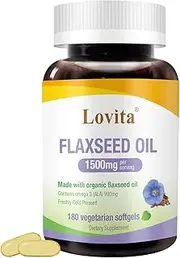 Lovita Organic Flaxseed Oil 1500mg with Max 900mg ALA, High Potent ALA Supplement, Vegan Omega 3 for Cardiovascular, Brain & Healthy Hair, Skin & Nails, Natural Flaxseed Oil, 180 Softgels