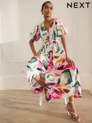 Pink Abstract Print Puff Sleeve Button Down Occasion Maxi 100% Cotton Dress (AW4091) | $143