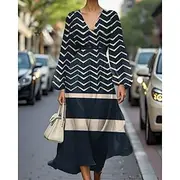 Women's Midi Dress Casual Dress Print Dress Elegant Fashion Outdoor Party Holiday Regular Fit Geometric Striped Long Sleeve V Neck Black Green Khaki Summer Spr