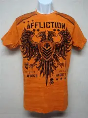 AFFLICTION -Men's Orange & Black Graphic T-Shirt -Two Headed Eagle Design-Size L