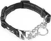 PETTOM Half Choke Dog Collar, Reflective Martingale Dog Choke Collar, Adjustable Dog Training Collar with ID Ring and Safety Buckle Small Dog Collar (S: 37.5-43 CM, Black)