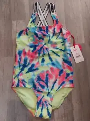 NWT Justice Girls Cross Strap One Piece Tie Dye Swimsuit Logo Size 12 14 (A13)