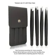 4 Piece Set Professional Eyebrows Tweezers Stainless Steel with Grey Case