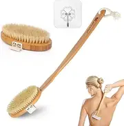 Bath Brush with Long Handle, Back Brush Removable Long Handle, 2 x Brush Heads, Body Brush for Removal, Shower Back Scrubber, Natural Bristles, for Body Cleaning