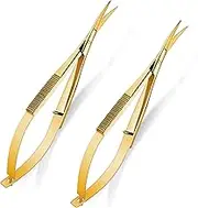 Shynai 2 Pieces 4.7 Inch Eyebrow Scissors Embroidery Scissors Spring Action Curved Tip Stainless Steel Cutting Eyebrow Trimming Craft(Gold)